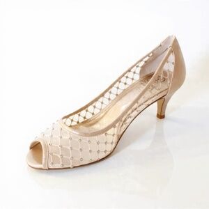 Adrianna Papell Elegant Beige Peep-Toe Heels with Rhinestones Size 8.